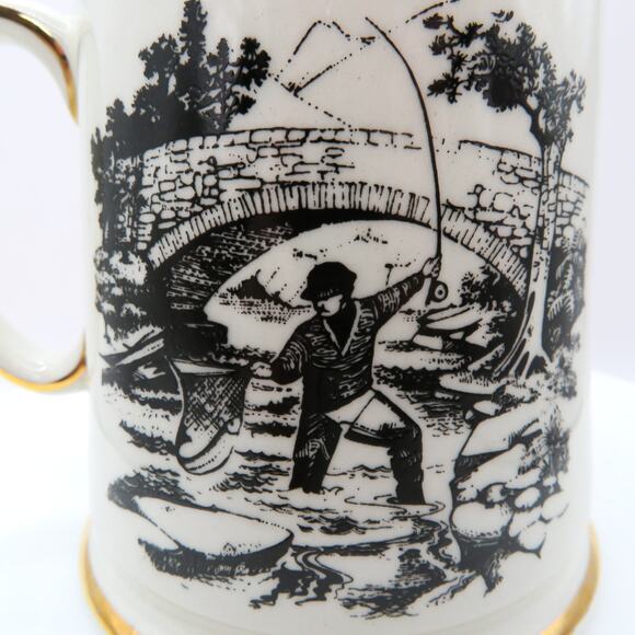 James Kent Ltd Old Foley Mug Fisherman Scene Black Transferware Gold Trim - Picture 3 of 13